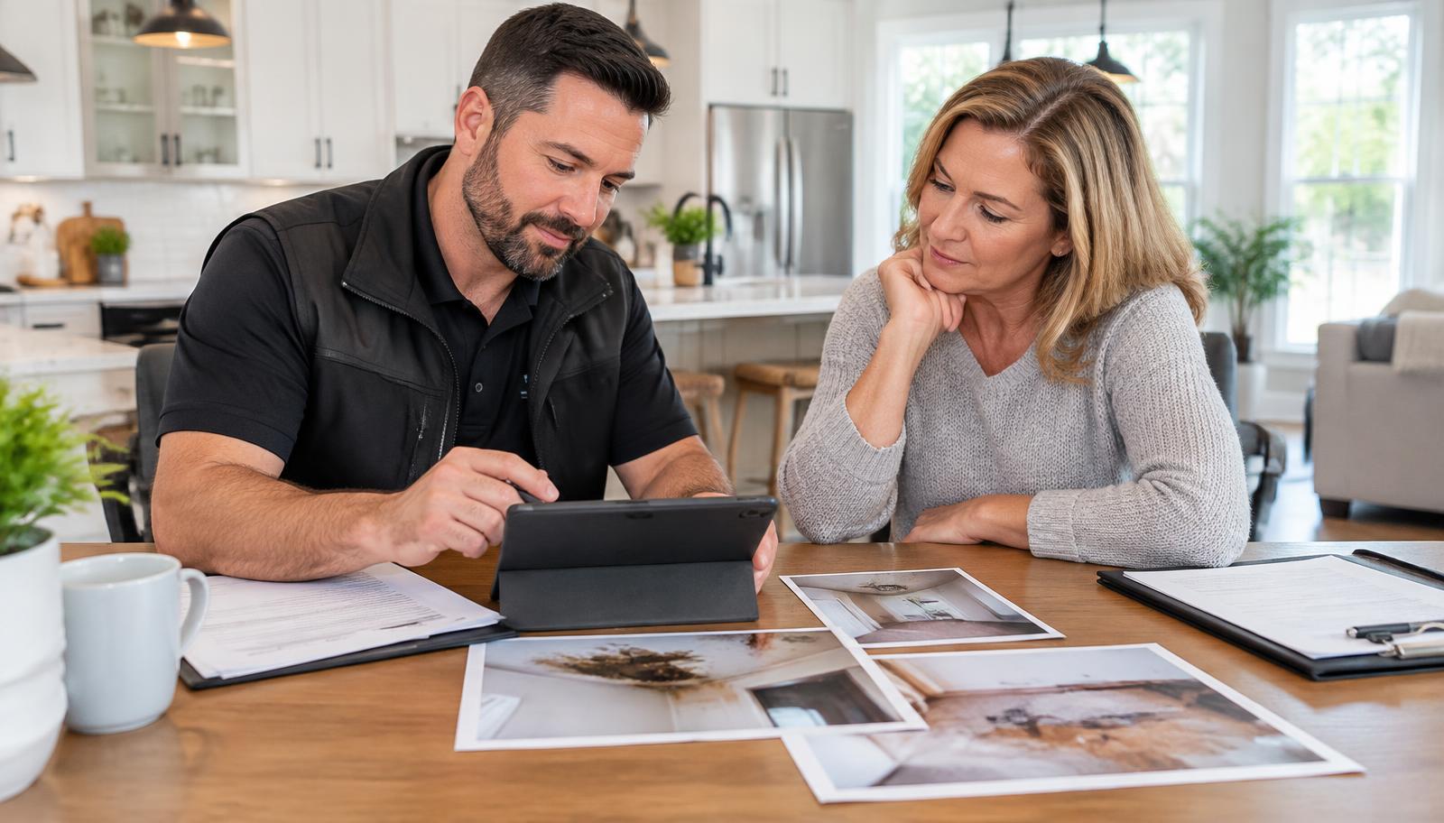 Restoration specialist helping a homeowner understand an insurance claim