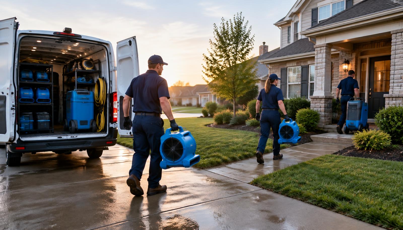 Water restoration crew arriving at a home with professional drying equipment