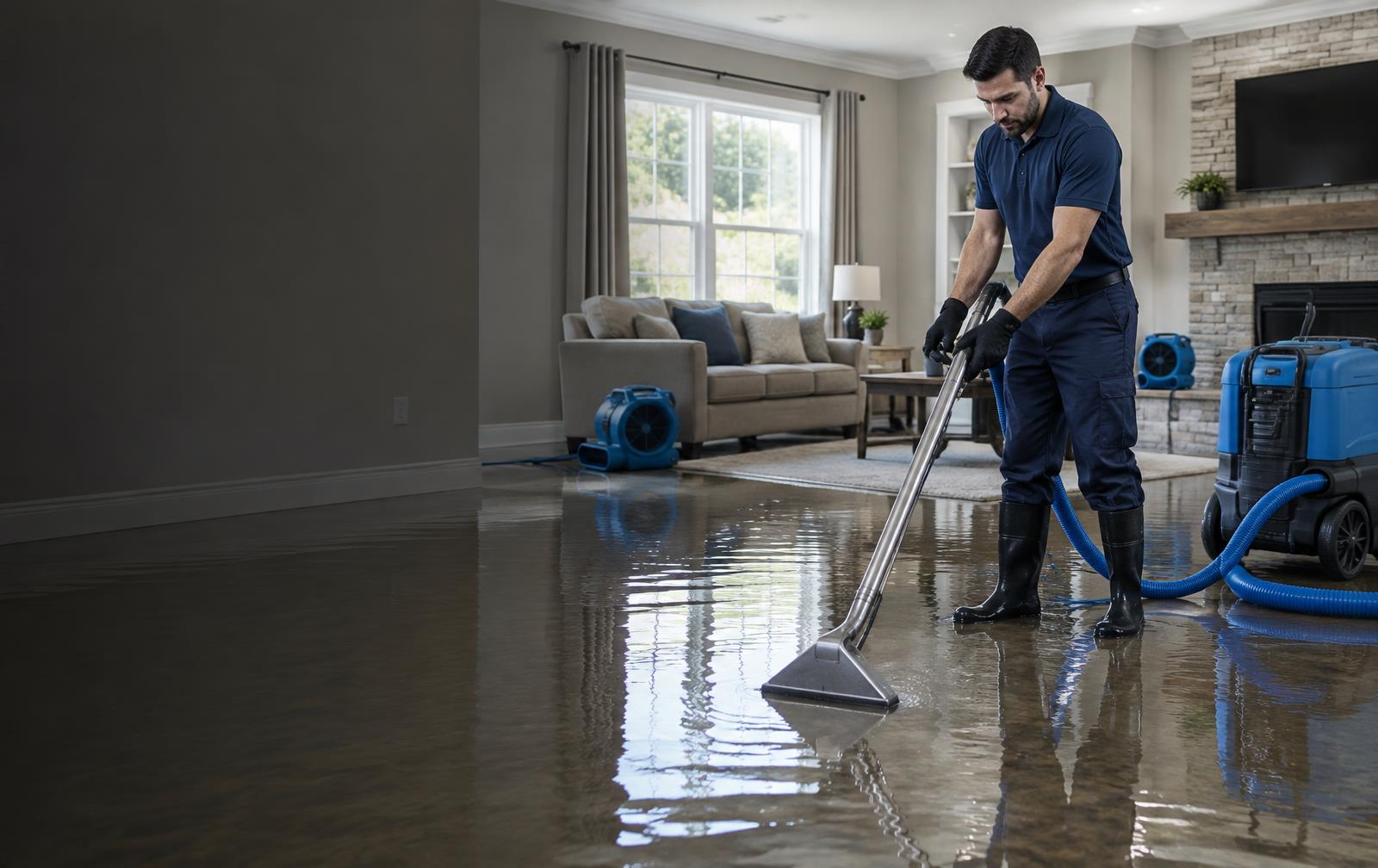 Water restoration technician extracting standing water from a home